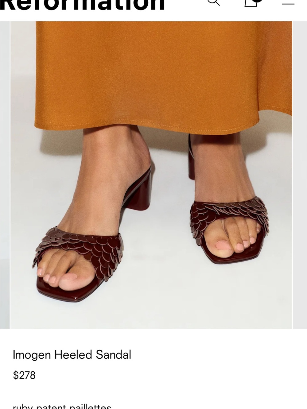 Reformation Imogen Heeled Sandal in Ruby Patent Paillettes Size 8